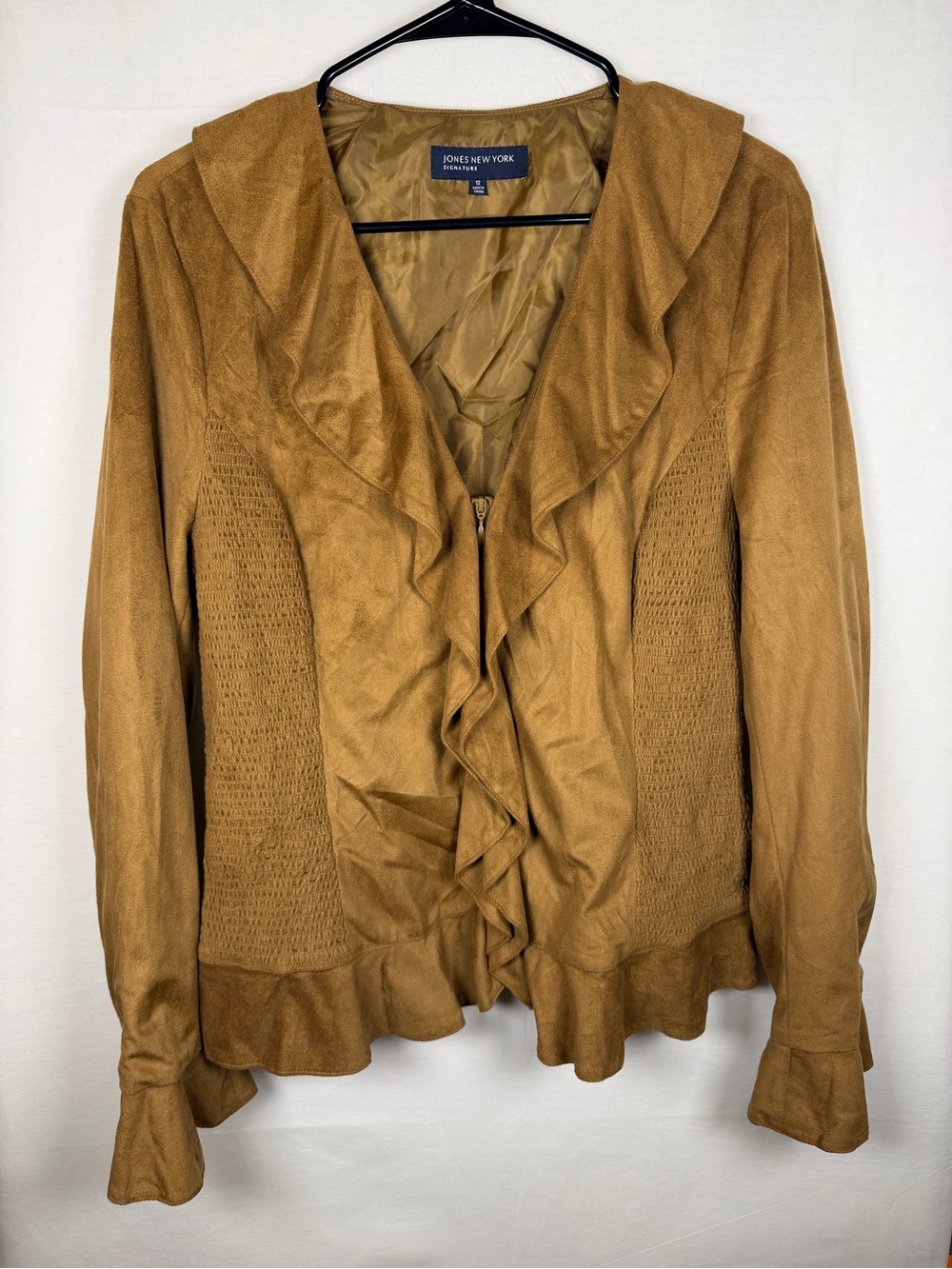 Jones New York Camel Ruffle-Front Suede Jacket